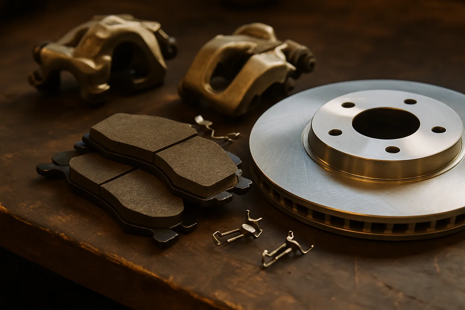 Brake system components arranged on workshop surface